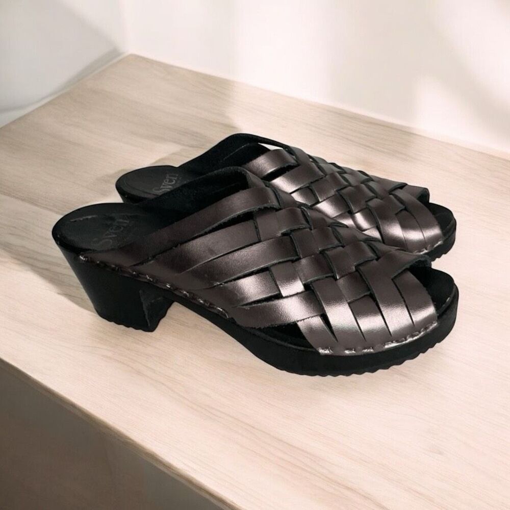 Sven Wooden Clogs Womens 9,5-10(40) Silver Black  Woven Open Toe Swedish Sandals